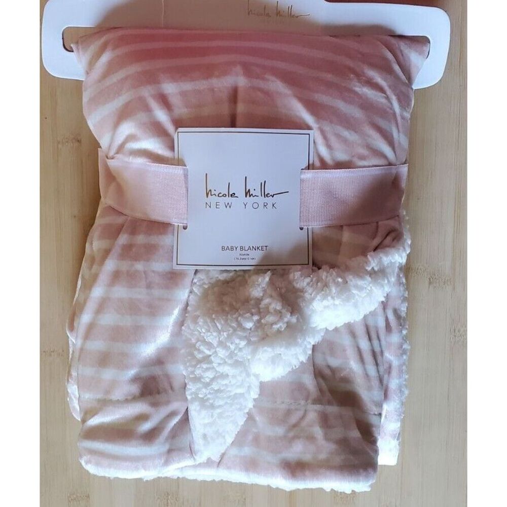 New Girls Nicole Miller Pink‎ White Micro Mink Stripe Sherpa Baby Blanket